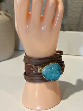 Brown Leather Wrap Bracelet with Blue Druzy Stone
